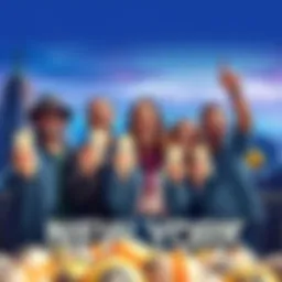 A group of happy lotto winners celebrating while holding their winning tickets, with a backdrop of the New York skyline.