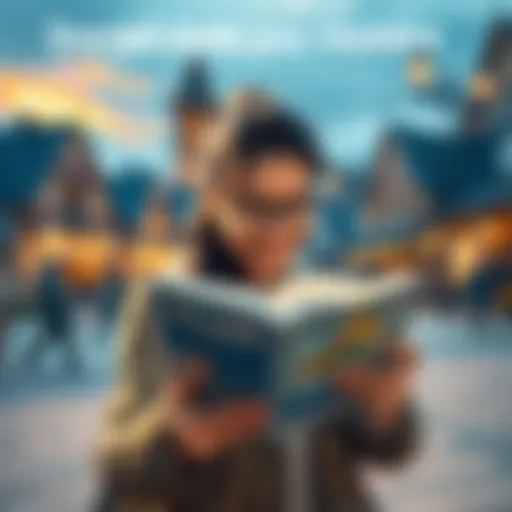 A person looking at a guidebook with a friendly community in the background