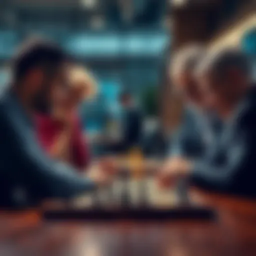 A group of experienced players discussing game strategies with a board and pieces in front of them.