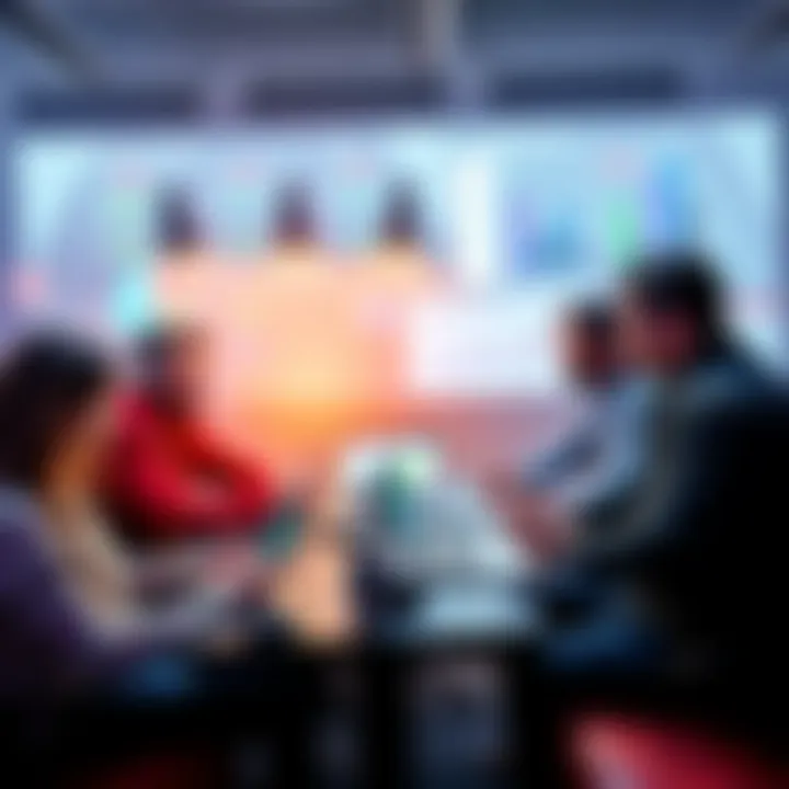 A group of people discussing NFL lineup services with laptops and charts