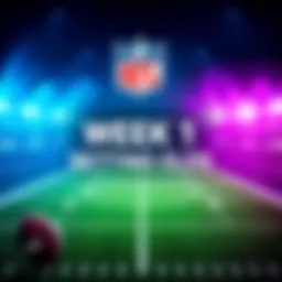 Graphic showing NFL Week 1 betting odds and matchups, featuring team logos and game highlights.