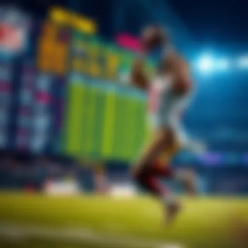 A football player catching a touchdown pass with a scoreboard in the background showcasing betting odds.
