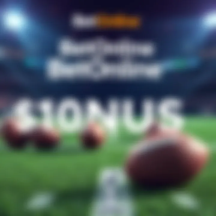 A promotional graphic for BetOnline NFL, featuring footballs and a $10 bonus image, highlighting a bet on the Super Bowl winner.
