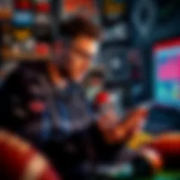 A football fan analyzing betting options on a tablet while surrounded by football memorabilia.