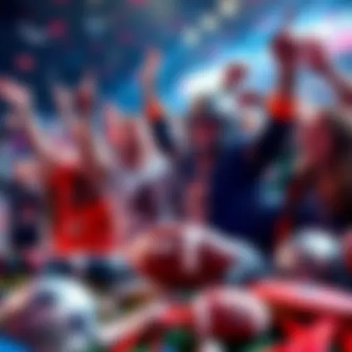 Exciting moment of people celebrating a successful NFL parlay bet with money and football gear around them.