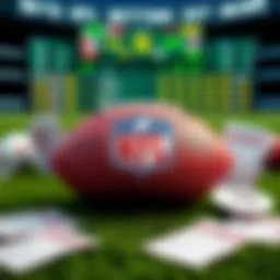 NFL Betting Tips and Touchdown Picks A football with the NFL logo on a green field surrounded by betting slips and a digital scoreboard showing game stats.