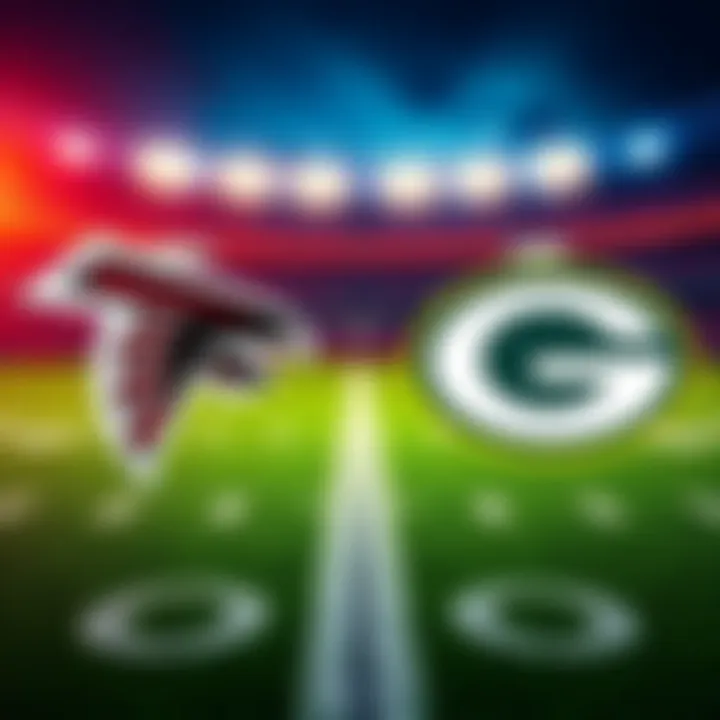 Atlanta Falcons and Green Bay Packers logo on a football field background for their upcoming game