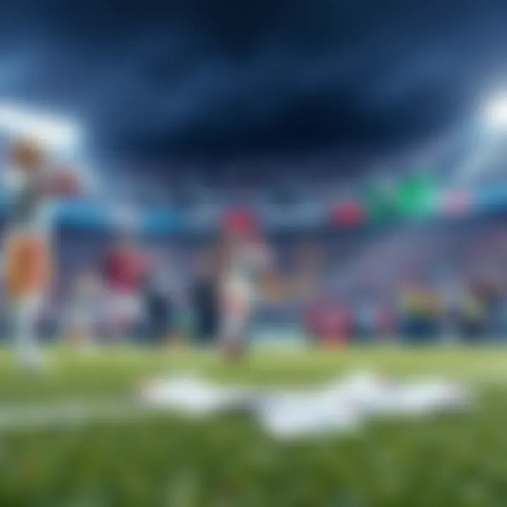 A football field with players in action, showcasing a touchdown celebration and betting slips in the foreground.