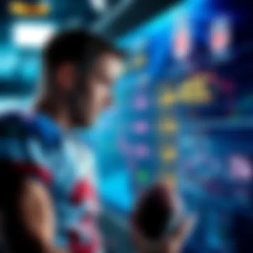 A football player analyzing game data on a digital screen, showcasing recent NFL statistics and results, with an emphasis on team performance and chances of winning.