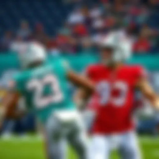Action shot of NFL players from Miami and Buffalo in a game setting, with focus on the players James Cook and Josh Allen