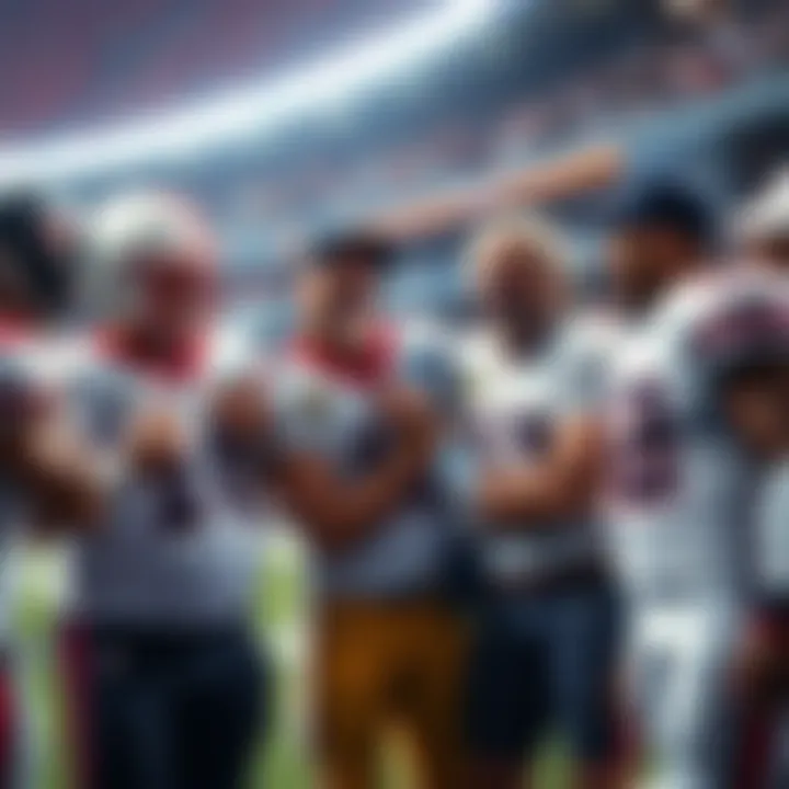 A group of NFL legends sharing a laugh on the field during a historic moment in football.