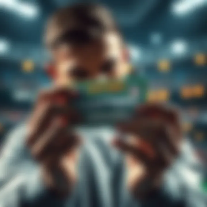 A person holding a lottery ticket for an NFL game, looking disappointed while examining the ticket