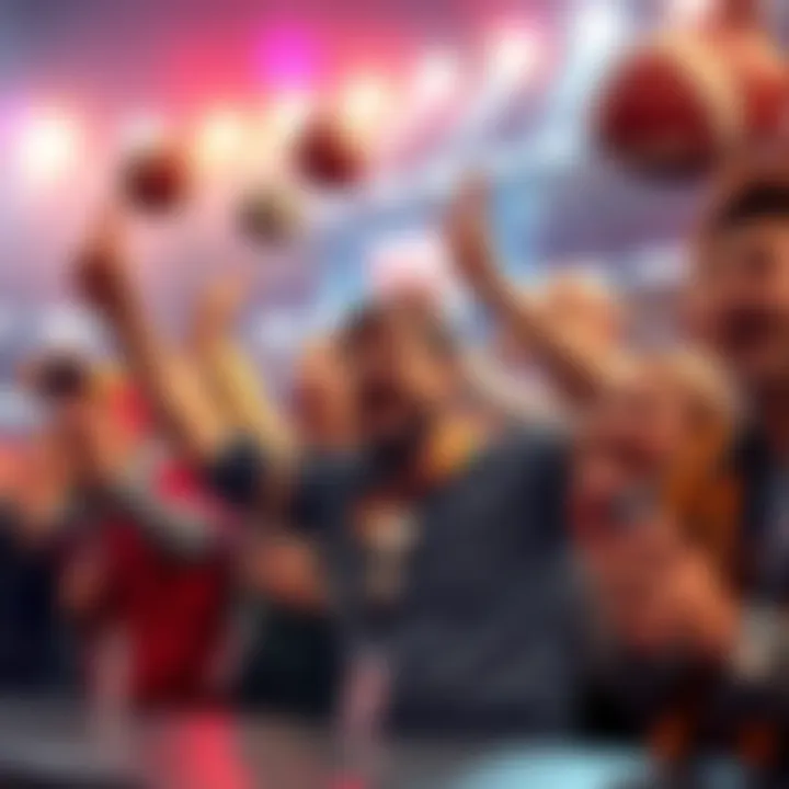 A group of sports fans cheering while watching an NFL game, with lottery tickets in their hands.