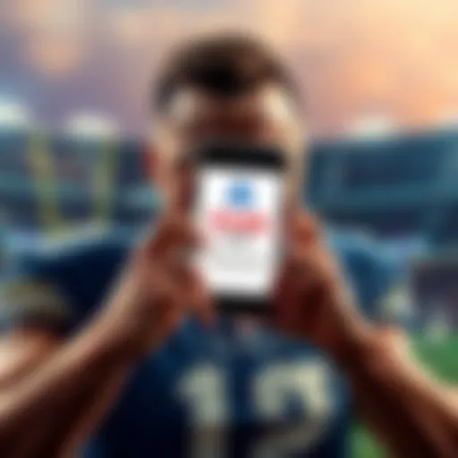 NFL Player Warning An NFL player looks concerned while holding a phone with a scam alert message on the screen. The background shows a football field.