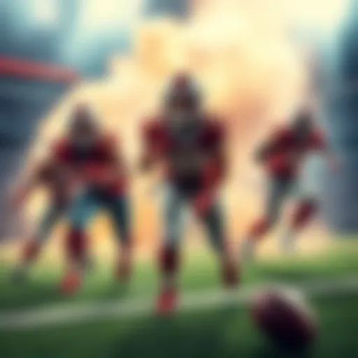 Five top NFL players in action, showcasing their skills on the field with the ball in hand, ready to score a touchdown.