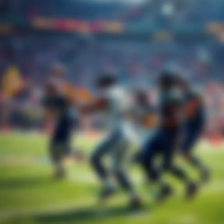 A thrilling moment from an NFL game with players on the field, showing teamwork and excitement, fans cheering in the background.
