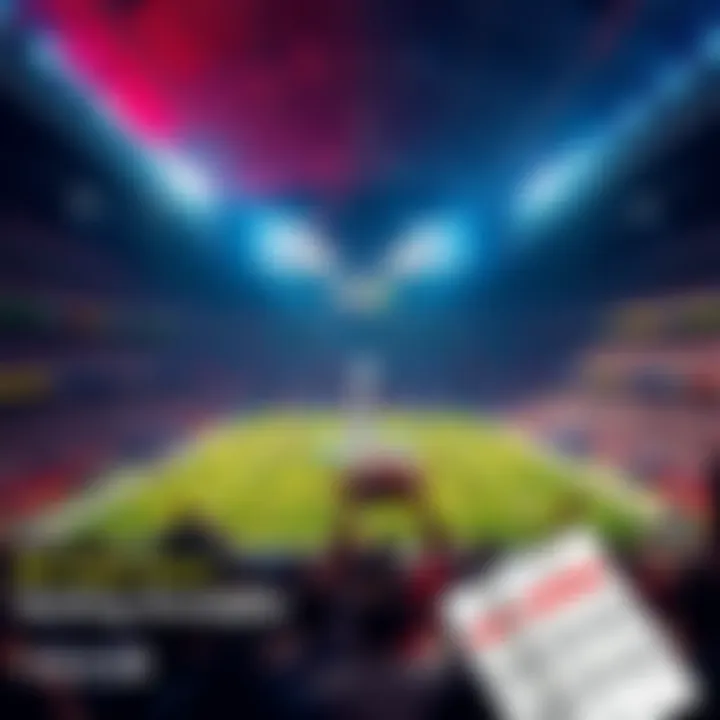 A football stadium filled with fans celebrating the NFL Super Bowl, with betting slips in the foreground showing player and touchdown bets