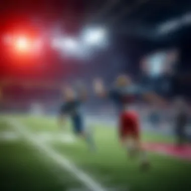 A football field with players celebrating a touchdown, with betting odds displayed on a screen nearby.