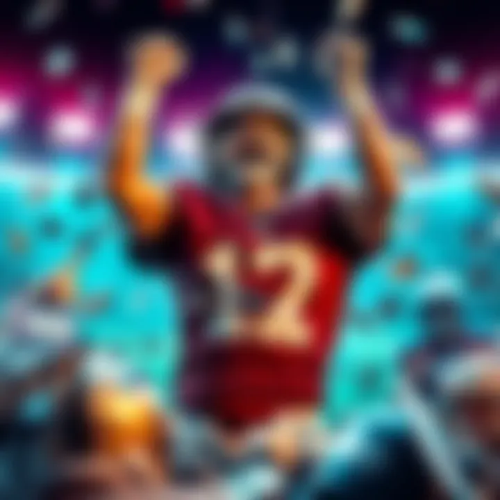 A football player celebrating a win surrounded by betting slips and money, representing underdog victories in NFL Week 3.