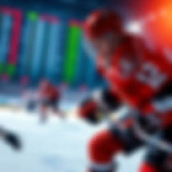A hockey player in action with betting odds displayed in the background, representing NHL game analysis.