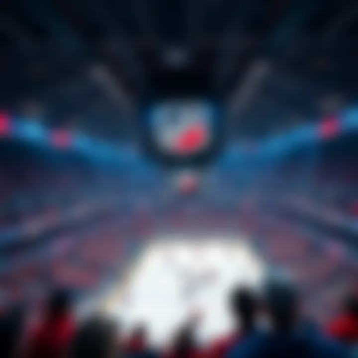 A hockey arena filled with fans watching an NHL game, with betting odds displayed on a screen.