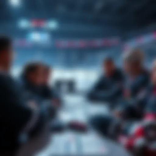 A group of people discussing NHL player prop bets, with charts and statistics on a table. Hockey jerseys and equipment are visible nearby.