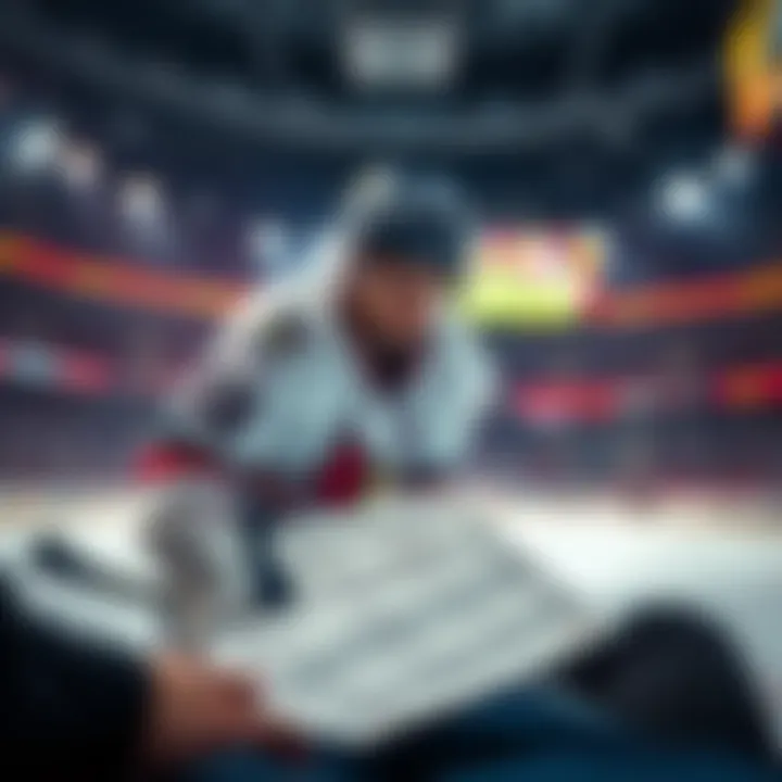 A hockey player preparing for a game with betting slips in the foreground, highlighting NHL betting strategies