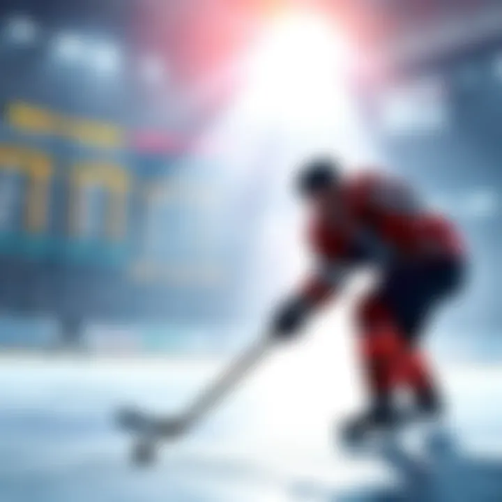 A hockey player ready to shoot a puck on ice with betting odds displayed in the background.