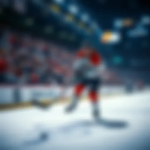 A hockey player shooting a puck in an intense game atmosphere with fans cheering