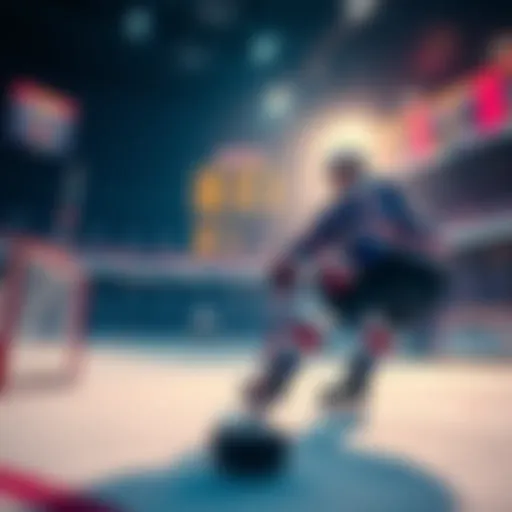 A hockey player shooting a puck towards the goal, with betting slips and a scoreboard in the background