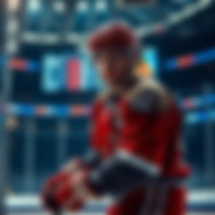 A hockey player preparing for a game, with betting odds displayed on a screen in the background.