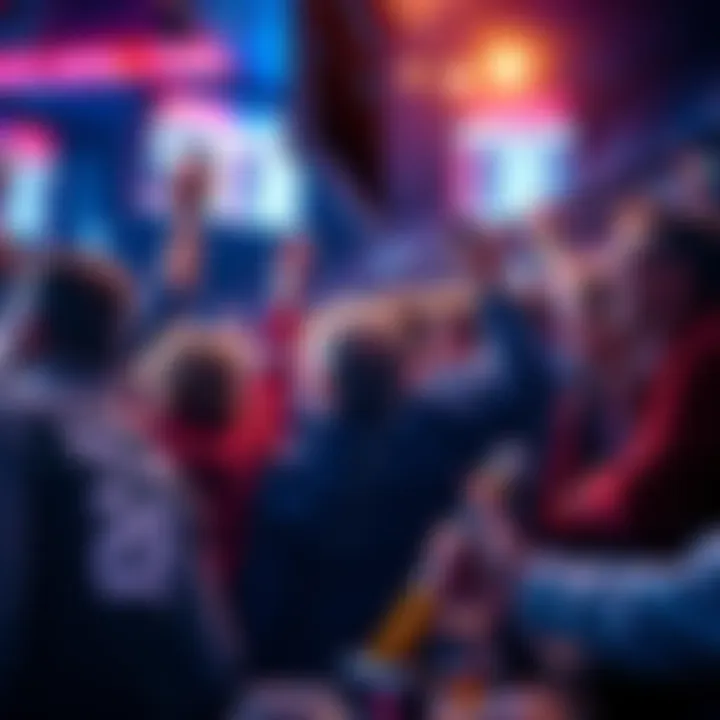 Fans cheering while placing bets on NHL games at a sports bar.