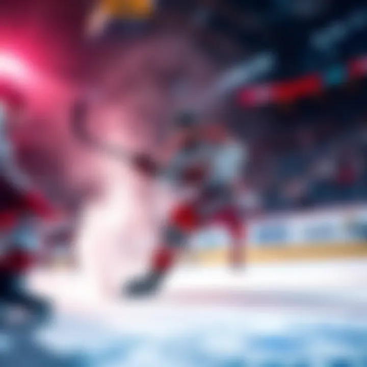 A hockey player shooting the puck during a game with fans cheering in the background.