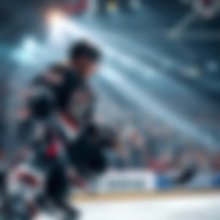 A hockey player scoring a goal during an NHL game with fans cheering in the background.