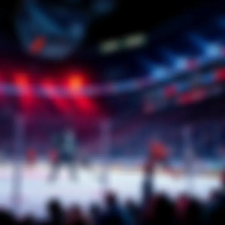 Hockey players in action during a game with fans cheering in the stands