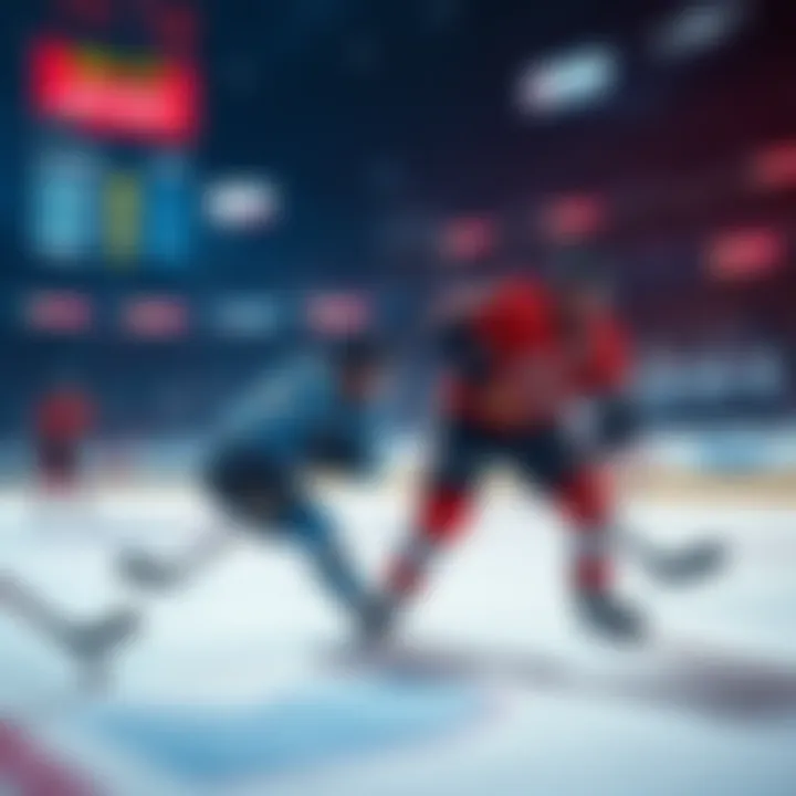 Hockey players on the ice during an NHL game with odds displayed