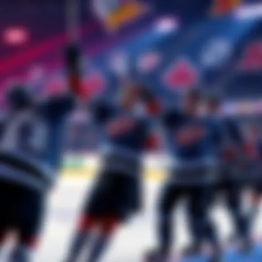 Hockey players celebrating a goal during an NHL game on March 5, 2026, with team logos in the background.