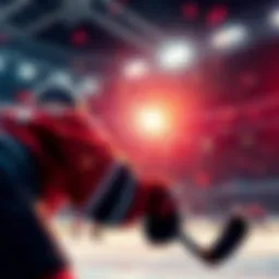 A hockey player shooting the puck towards the goal during a match