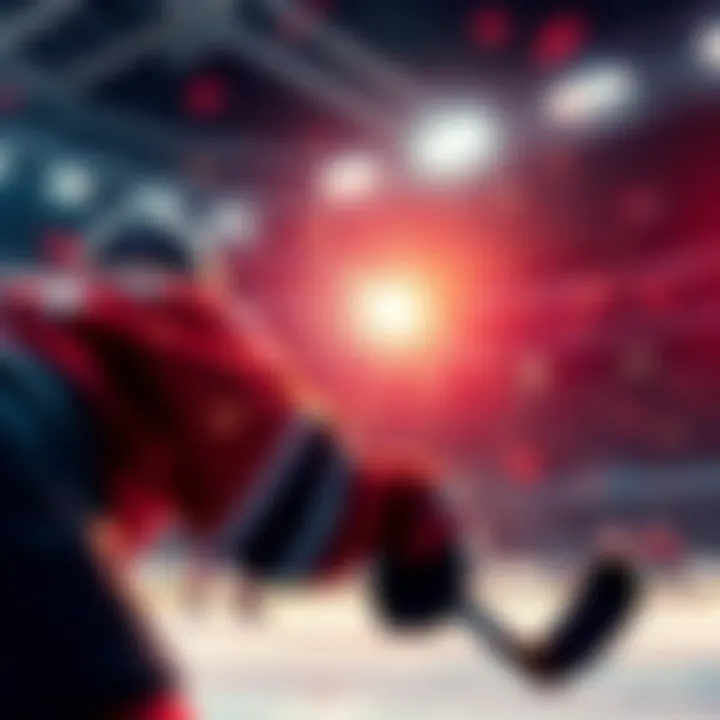 A hockey player shooting the puck towards the goal during a match