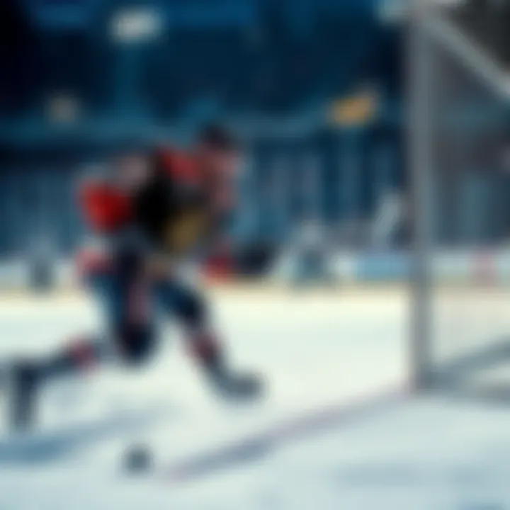 An NHL player takes a powerful shot on goal during a game, aiming for the net