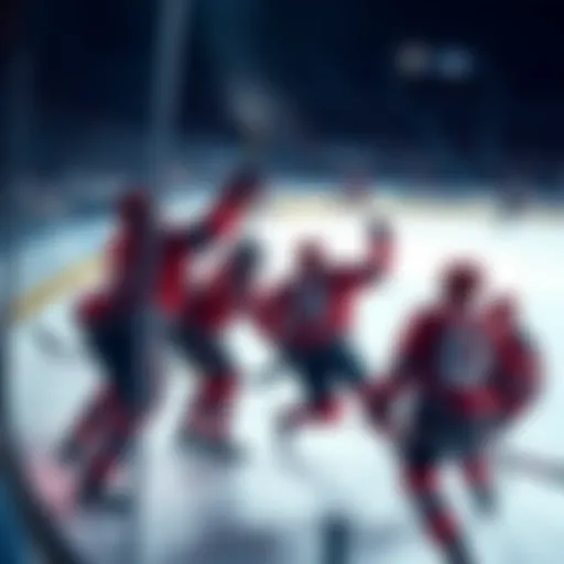 NHL players celebrating a goal on the ice during a game