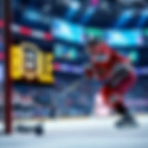A hockey player taking a shot on goal during a playoff game, with statistics and betting odds displayed on a screen in the background.