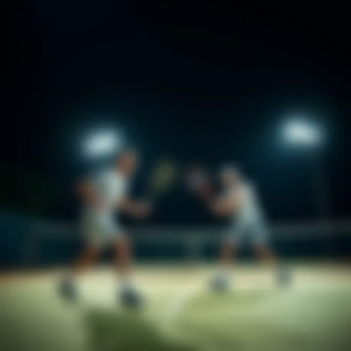 Two players competing in a night tennis match under bright floodlights