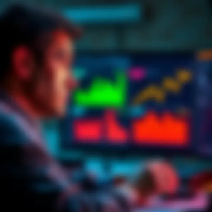 A person looking determined while working on a new strategy, with charts and graphs on a screen in the background.