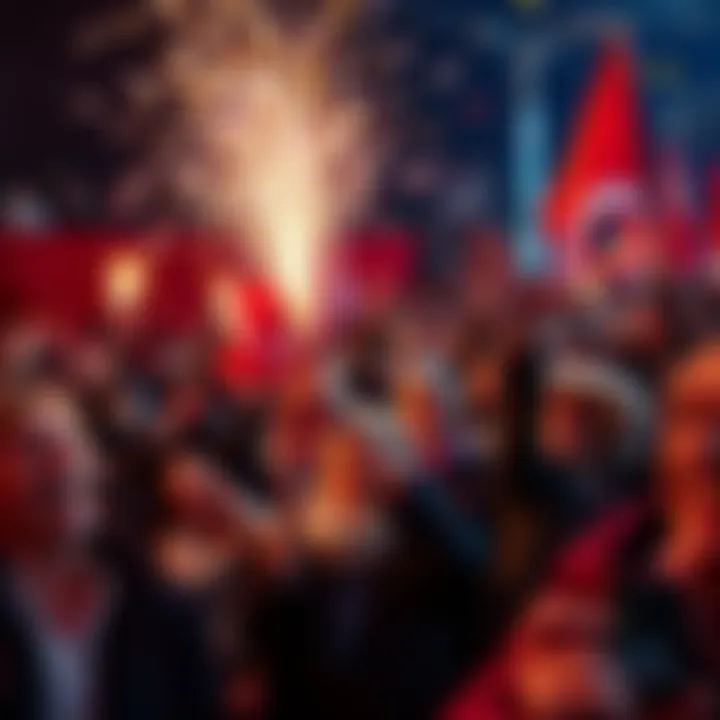 A crowd celebrating the end of slippers, with people laughing and waving banners, showing excitement for a future without them.