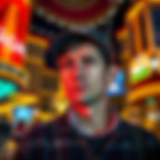Visitor looking concerned after staying at MGM without receiving offers, with a casino in the background.