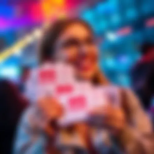 A person smiling while holding a stack of No Sweat vouchers, looking excited about their choices