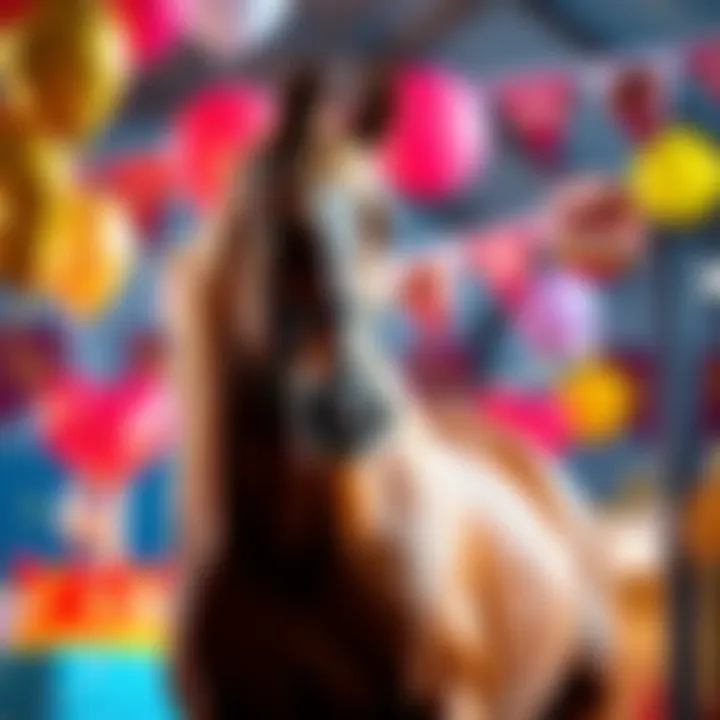 A vibrant birthday celebration for Northern Dancer with balloons and horse-themed decorations in the background.