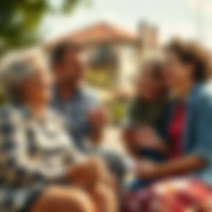 A group of friends laughing and reminiscing on a sunny day, sharing old stories and enjoying each other's company.