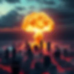 A depiction of a nuclear explosion over a city skyline, highlighting the destructive power of nuclear weapons and their threat to global security.